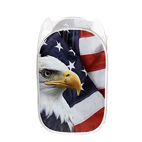 Forchrinse American Flag Bold Eagle Mesh Pop Up Laundry Hamper Storage Canvas Fabric Large Storage Basket for Kids Adults