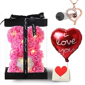 u uqui rose bear gifts for her, flower bear rose teddy bear with box lights necklace balloon card, cute romantic i love you anniversary birthday gifts & decorations