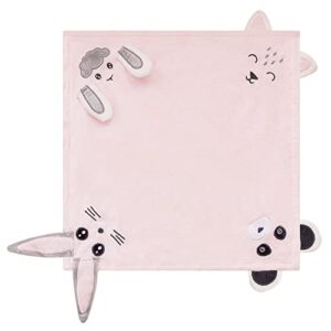 daysu security blanket for newborn baby boy girl unisex, soft soothing lovey nursery reversible baby blanket with animal faces, dotted backing as baby gift accessories, 1 pack, pink, 10" x 10"