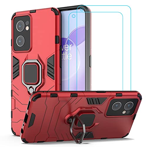 Ytaland for OnePlus Nord CE 2 5G Case,with 2 x Tempered Glass Screen Protector. (3 in 1) Shockproof Bumper Protective Phone Cover with Ring Kickstand (Wine Red)