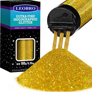 holographic ultra fine glitter, 180g/6.35oz resin glitter powder sequins flakes, 1/128" metallic iridescent glitter for resin tumblers art crafts, hair face body nail glitter, leobro gold glitter