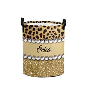 nzoohy leopard print golden personalized waterproof foldable laundry basket bag with handle, custom collapsible clothes hamper storage bi