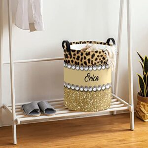 NZOOHY Leopard Print Golden Personalized Waterproof Foldable Laundry Basket Bag with Handle, Custom Collapsible Clothes Hamper Storage Bi