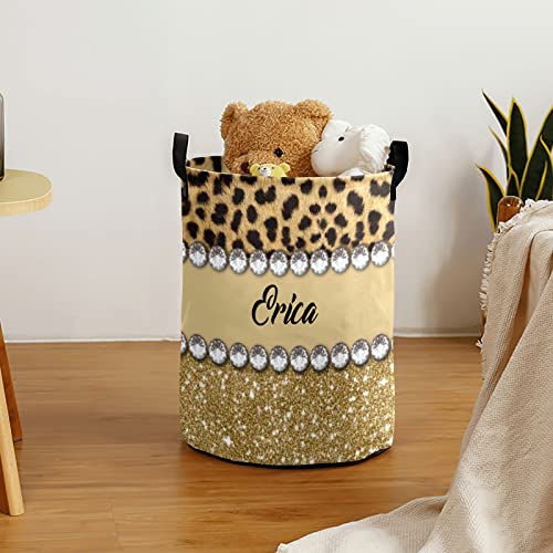 NZOOHY Leopard Print Golden Personalized Waterproof Foldable Laundry Basket Bag with Handle, Custom Collapsible Clothes Hamper Storage Bi