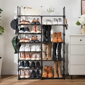 exq home black metal shoe rack for closet,8 tiers free standing shoe racks for entryway with side hooks,24-30 pairs shoe and boots shelf, tall shoe organizer for college dorm, door and garage