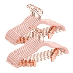 fsuteg velvet pants hangers, 24pack-16.7 inch coat hangers with rose gold colored movable clips, heavy-duty, non-slip, space-saving blush pink skirt hangers