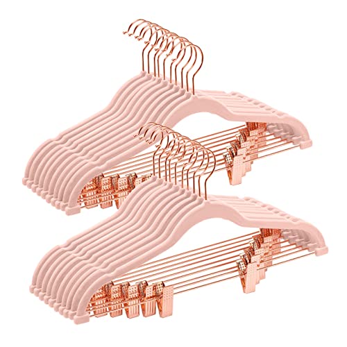 FSUTEG Velvet Pants Hangers, 24pack-16.7 Inch Coat Hangers with Rose Gold Colored Movable Clips, Heavy-Duty, Non-Slip, Space-Saving Blush Pink Skirt Hangers