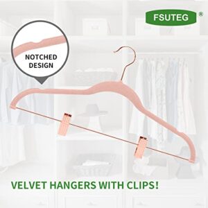 FSUTEG Velvet Pants Hangers, 24pack-16.7 Inch Coat Hangers with Rose Gold Colored Movable Clips, Heavy-Duty, Non-Slip, Space-Saving Blush Pink Skirt Hangers