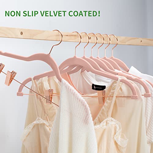 FSUTEG Velvet Pants Hangers, 24pack-16.7 Inch Coat Hangers with Rose Gold Colored Movable Clips, Heavy-Duty, Non-Slip, Space-Saving Blush Pink Skirt Hangers