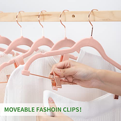 FSUTEG Velvet Pants Hangers, 24pack-16.7 Inch Coat Hangers with Rose Gold Colored Movable Clips, Heavy-Duty, Non-Slip, Space-Saving Blush Pink Skirt Hangers