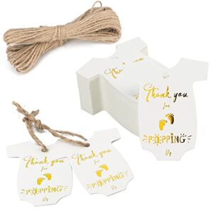 joycraft 100PCS Thank You for Popping by Tags,Gold High-end Cardstock Baby Onesie Favors Labels with Jute String,Personalized Gift Tags for Baby Shower and Brithday Party（2.36"x1.96")