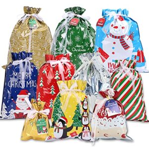 moretoes 48pcs christmas drawstring gift bags with 10 sizes 10 designs assorted sizes foil wrapping sacks pouches santa goody bags xmas holiday presents party favor