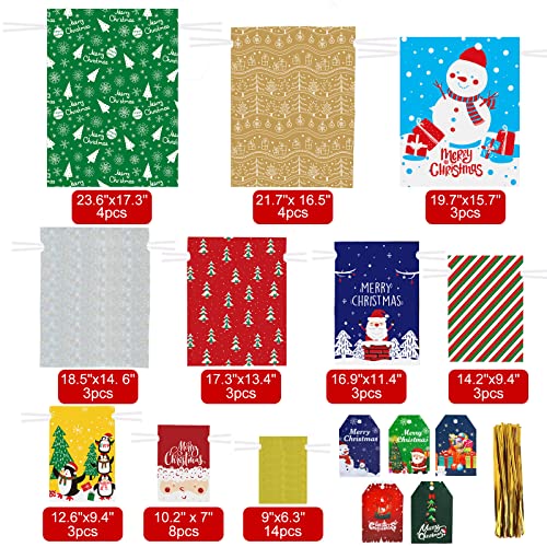 Moretoes 48pcs Christmas Drawstring Gift Bags with 10 Sizes 10 Designs Assorted Sizes Foil Wrapping Sacks Pouches Santa Goody Bags Xmas Holiday Presents Party Favor