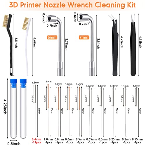 Leifide 50 Pieces 3D Printer Nozzle Cleaning Kit Includes 19 Pcs Stainless Steel Needles Cleaner Tools and 23 Pcs MK8 Nozzles Multiple Sizes Compatible with Makerbot Creality CR-10 Ender 3 5