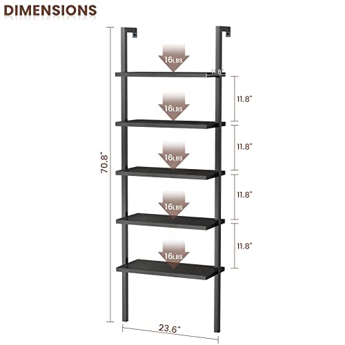 Lamerge Wall-Mounted Ladder Shelf,Industrial 5 Tier Bookcase with Metal Frame, Plant Flower Stand Display Storage Organizer Shelves,Open Bookshelf for Home Office,Black+Black