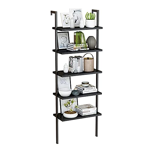 Lamerge Wall-Mounted Ladder Shelf,Industrial 5 Tier Bookcase with Metal Frame, Plant Flower Stand Display Storage Organizer Shelves,Open Bookshelf for Home Office,Black+Black