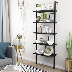 lamerge wall-mounted ladder shelf,industrial 5 tier bookcase with metal frame, plant flower stand display storage organizer shelves,open bookshelf for home office,black+black