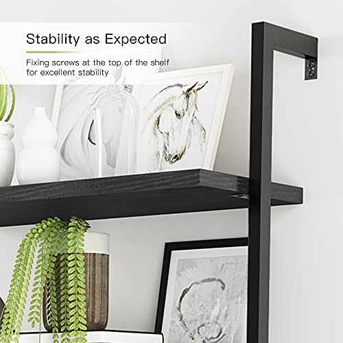 Lamerge Wall-Mounted Ladder Shelf,Industrial 5 Tier Bookcase with Metal Frame, Plant Flower Stand Display Storage Organizer Shelves,Open Bookshelf for Home Office,Black+Black