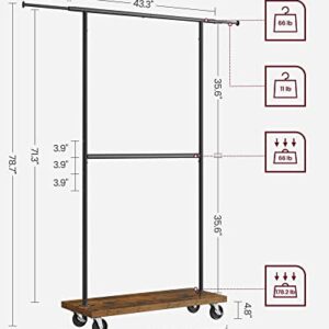 VASAGLE Clothes Rack, Clothing Rack with Wheels, 43.3-66.9 Inch Extendable Bar, Height-adjustable Garment Rack, 332 lb Load, 2 Brakes, Heavy-Duty, Industrial, Rustic Brown and Black URGR111B01V1