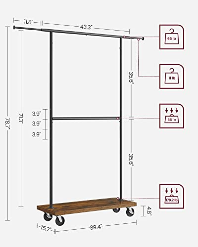 VASAGLE Clothes Rack, Clothing Rack with Wheels, 43.3-66.9 Inch Extendable Bar, Height-adjustable Garment Rack, 332 lb Load, 2 Brakes, Heavy-Duty, Industrial, Rustic Brown and Black URGR111B01V1