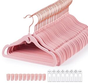 houÍsm baby hangers pink velvet, 60pack non-slip kids clothes hangers+ 10 finger clips + 8 baby closet dividers, space saving cascading hangers for nursery closet organization