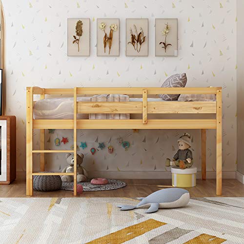 Merax Twin Size Wood Low Loft Bed Frame for Kids Junior Full Length Guardrails Walnut