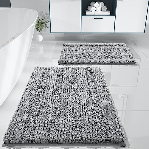 Yimobra Luxury Chenille Shaggy Bathroom Rug Set, 2 Pack Soft Fluffy Plush Bath Mat, Extra Thick, Non-Slip, Water Absorbent, Machine Washable, Bath Mats for Bathroom (Grey, 20" x 32"+17" x 24")