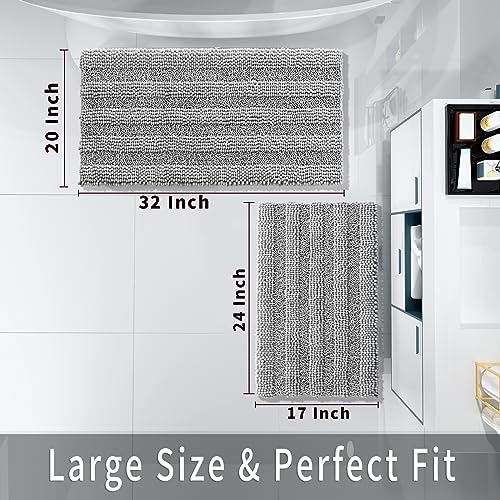 Yimobra Luxury Chenille Shaggy Bathroom Rug Set, 2 Pack Soft Fluffy Plush Bath Mat, Extra Thick, Non-Slip, Water Absorbent, Machine Washable, Bath Mats for Bathroom (Grey, 20" x 32"+17" x 24")