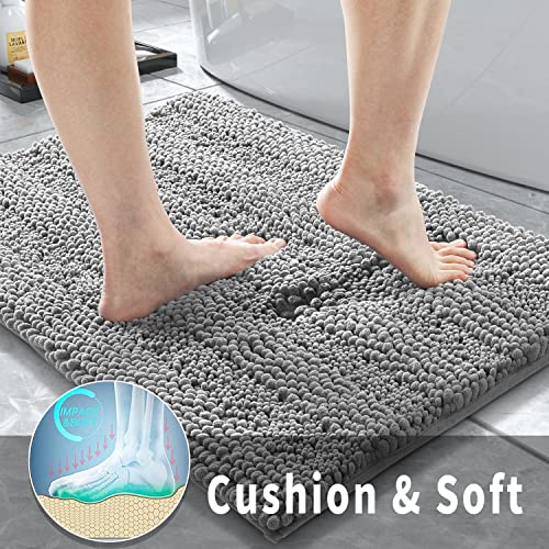 Yimobra Luxury Chenille Shaggy Bathroom Rug Set, 2 Pack Soft Fluffy Plush Bath Mat, Extra Thick, Non-Slip, Water Absorbent, Machine Washable, Bath Mats for Bathroom (Grey, 20" x 32"+17" x 24")