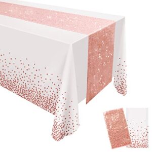 haobaobei rose gold tablecloth sequin table runner set, plastic table cloths pink white party decorations, rectangle glitter table cover for birthday wedding anniversary parties supplies (54x108 inch)