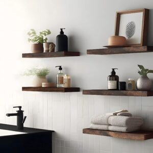 IKJZIZP Rustic Farmhouse Floating Shelves for Wall Decor Storage Wood Wooden Wall Shelves for Bedroom Bathroom Kitchen Living Room - Brown Set of 4