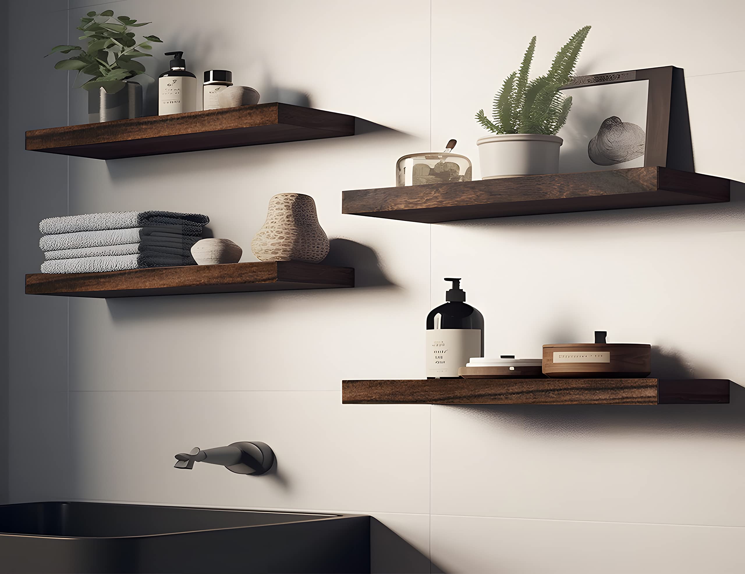 IKJZIZP Rustic Farmhouse Floating Shelves for Wall Decor Storage Wood Wooden Wall Shelves for Bedroom Bathroom Kitchen Living Room - Brown Set of 4