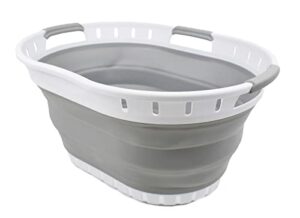sammart 25l (6.6 gallon) collapsible plastic laundry basket - foldable pop up storage container/organizer - space saving hamper/basket (white/grey)