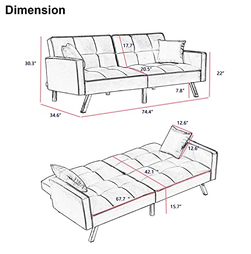 Convertible Velvet Futon Sofa Bed, Modern Sleeper Sofa with 2 Pillows, 3 Adjustable Angles for Backrest, Living Room Couch with 5 Sturdy Metal Legs, Upholstered Loveseat for Home, Office, White