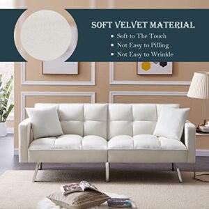 Convertible Velvet Futon Sofa Bed, Modern Sleeper Sofa with 2 Pillows, 3 Adjustable Angles for Backrest, Living Room Couch with 5 Sturdy Metal Legs, Upholstered Loveseat for Home, Office, White