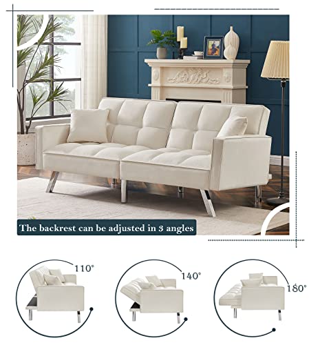 Convertible Velvet Futon Sofa Bed, Modern Sleeper Sofa with 2 Pillows, 3 Adjustable Angles for Backrest, Living Room Couch with 5 Sturdy Metal Legs, Upholstered Loveseat for Home, Office, White