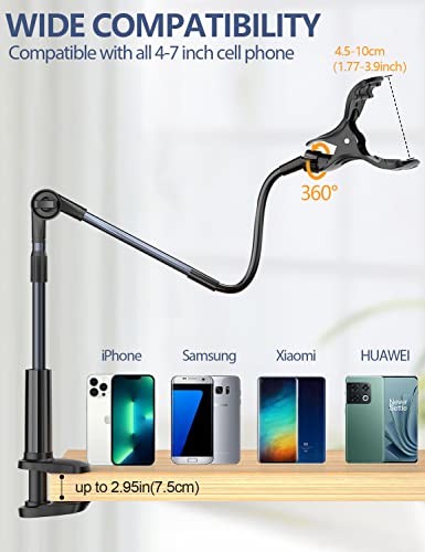 PEMOTech Gooseneck Phone Holder Stand for Bed, Flexible Arm Cell Phone Stand Clamp on Desk, 360° Rotation Horizontally + 220° Rotation Up and Down, Compatible with 4"-7" Devices