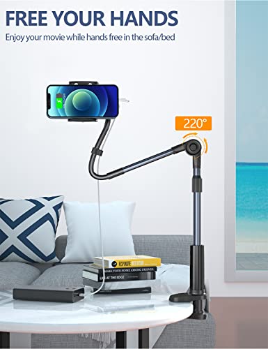 PEMOTech Gooseneck Phone Holder Stand for Bed, Flexible Arm Cell Phone Stand Clamp on Desk, 360° Rotation Horizontally + 220° Rotation Up and Down, Compatible with 4"-7" Devices