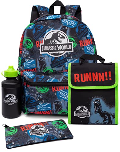 Jurassic World Backpack - Boys Kids 4 Piece School Lunch Box With Water Bottle