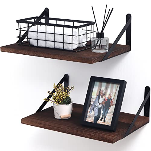 Marsmiles Floating Shelves, Rustic Wood Shelves Wall Mounted Set of 2, Wall Shelves with Large Capacity, 12 Inch Deep Floating Shelves for Kitchen Living Room Bedroom - Rustic Brown