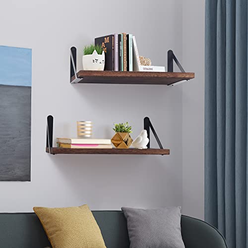 Marsmiles Floating Shelves, Rustic Wood Shelves Wall Mounted Set of 2, Wall Shelves with Large Capacity, 12 Inch Deep Floating Shelves for Kitchen Living Room Bedroom - Rustic Brown