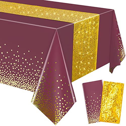 Tablecloth and Sequin Table Runner Set Polka Dots Confetti Table Cover Dining Plastic Table Cloths Glitter Decorations for Birthday Wedding Anniversary Party Supplies (Maroon, Gold, 2 Pcs)