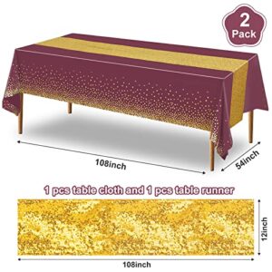 Tablecloth and Sequin Table Runner Set Polka Dots Confetti Table Cover Dining Plastic Table Cloths Glitter Decorations for Birthday Wedding Anniversary Party Supplies (Maroon, Gold, 2 Pcs)