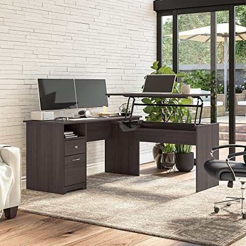 Bush Furniture L Shaped Desk with Drawers and Lift-n-Lock | Cabot Collection Sit to Stand Corner Table with Storage, 60W, Heather Gray