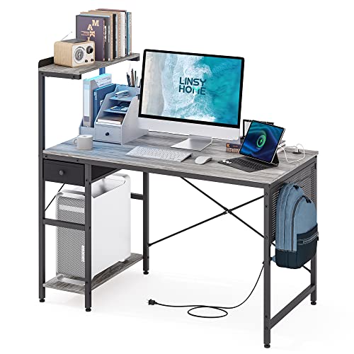 LINSY HOME Computer Desk 47”, Home Office Desk with Storage Shelves Pegboards, PC Gaming Desk with LED Lights and Outlets, Reversible Small Writing Study Desk, Grey