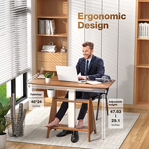 HOUSEELF Adjustable Standing Desk, 100% Solid Wood Adjustable Height Desk w/ 29"-48" Height Controller, Unique Look, Sturdy Legs, Silent & Smooth Lift, Sit Stand Up Desk for Home Office Study, Walnut