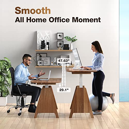 HOUSEELF Adjustable Standing Desk, 100% Solid Wood Adjustable Height Desk w/ 29"-48" Height Controller, Unique Look, Sturdy Legs, Silent & Smooth Lift, Sit Stand Up Desk for Home Office Study, Walnut