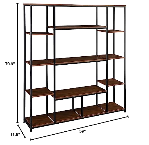 5 Tier Bookshelf, Industrial Tall Bookcase, Rustic Freestanding Storage Shelf for Living Room, Bedroom and Home Office, Metal Frame, Display Décor Furniture