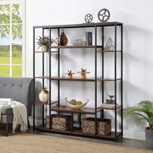 5 tier bookshelf, industrial tall bookcase, rustic freestanding storage shelf for living room, bedroom and home office, metal frame, display décor furniture