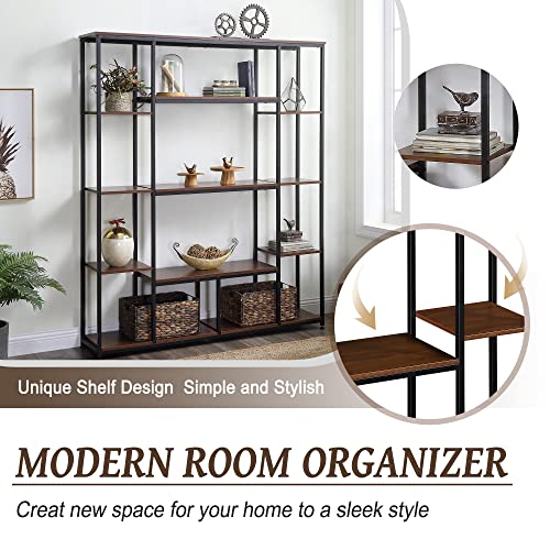 5 Tier Bookshelf, Industrial Tall Bookcase, Rustic Freestanding Storage Shelf for Living Room, Bedroom and Home Office, Metal Frame, Display Décor Furniture